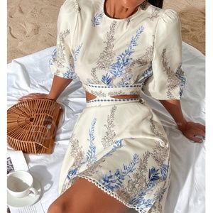 Floral Blue on Cream Light Beige Puff Sleeve Cut Out Waist Mini Dress